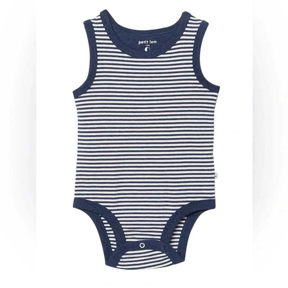 PETIT LEM Essentials Navy Stripe Print Organic Cotton Tank Bodysuit, NB, NWT​